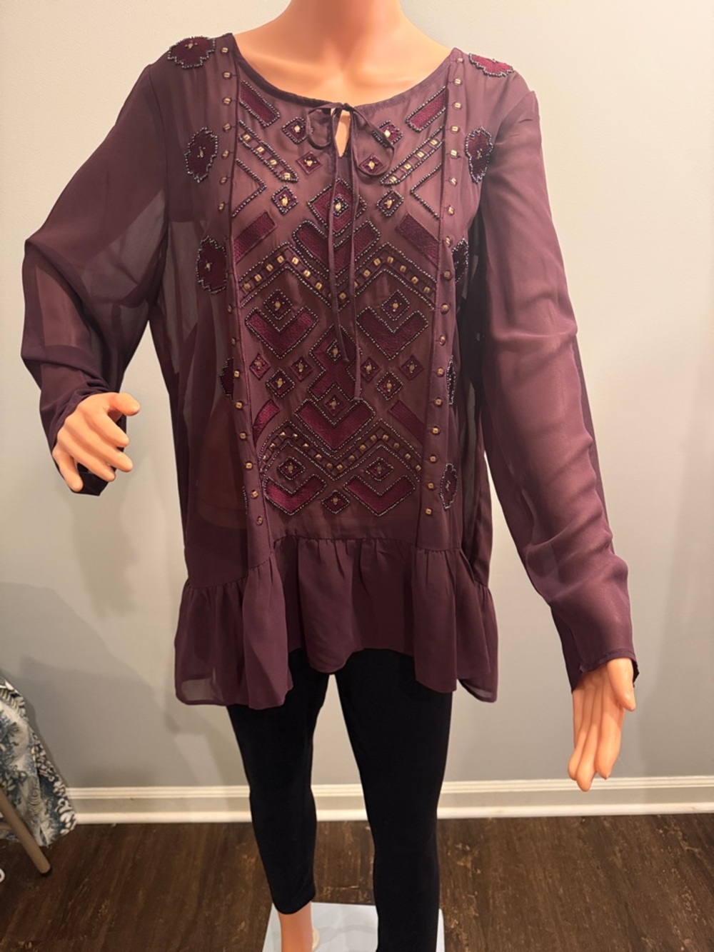 LOGO Lavish by Lori Goldstein Plum Sheer Embellished Peplum Blouse Size 18W